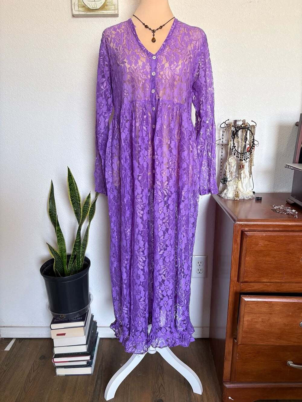 Vintage 80s Nostalgia Maxi Dress Size M Purple Floral Lace Long Sleeve Button Fr